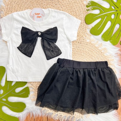 Conj. Blusa com Laço eSaia em Tule Preto - Off White